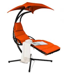 Metal Outdoor Floating Hanging Chaise Lounge Chair with Stand and Orange Cushion