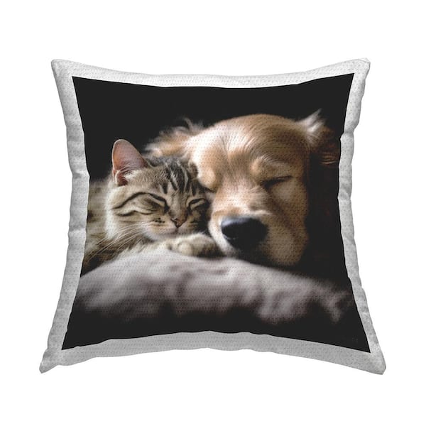Sleeping Dog and Cat Tan Square Outdoor Throw Pillow