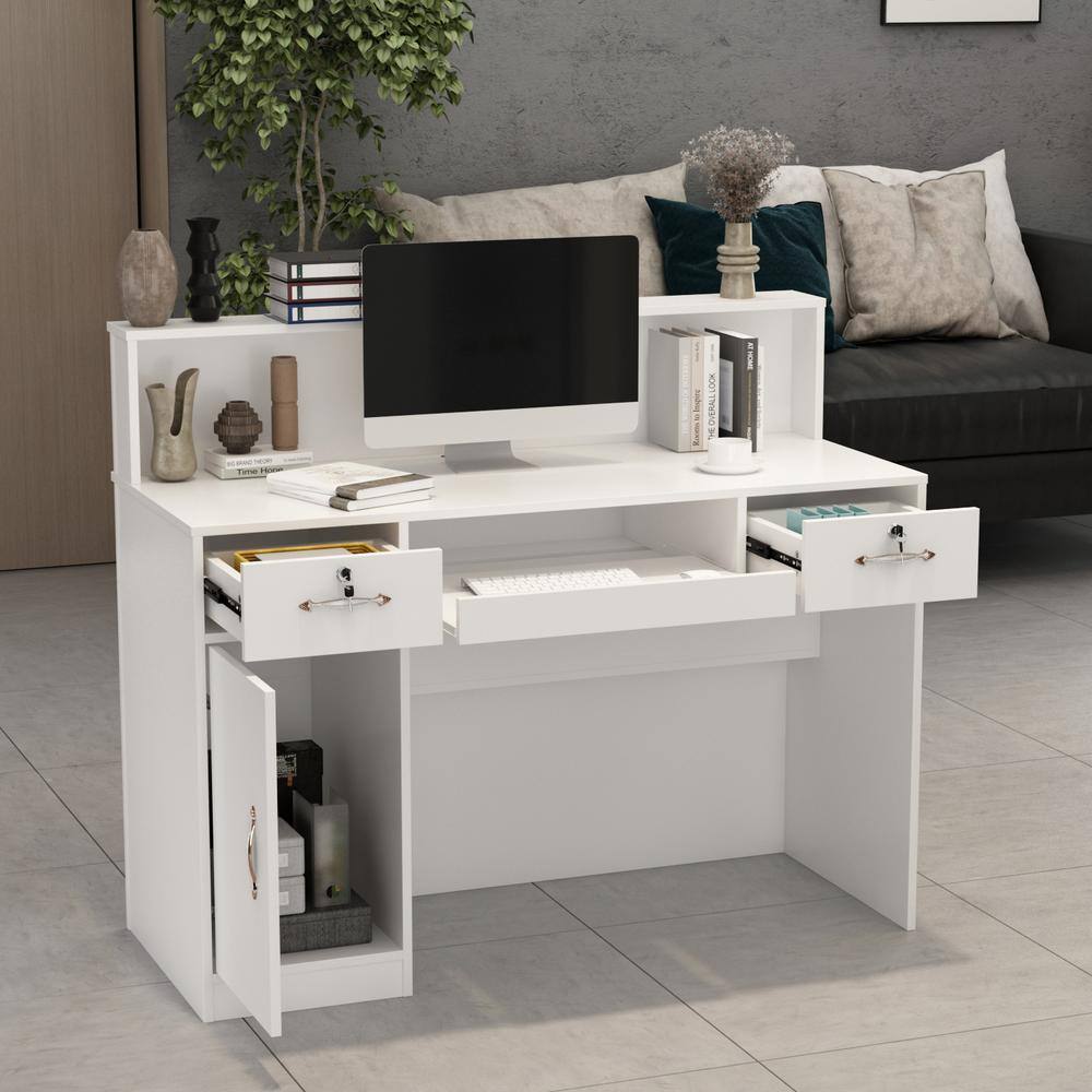 47.2" W : White Finish 2-Drawer Wooden Commercial Writing Desk with Keyboard Tray and Eco-Friendly Paint Finish - Thumbnail 2