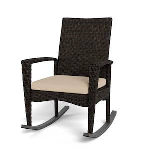 Bayview All-Weather Pecan Wicker Rocking Chair with Fade-Resistant Plush Tan Cushion for Outdoor Patio Seating