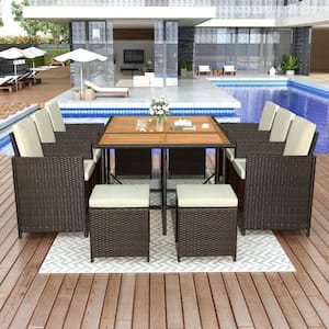 Brown Rattan 11-Piece Patio All-Weather PE Wicker Outdoor Dining Table Set with Wood Tabletop and Beige Cushion