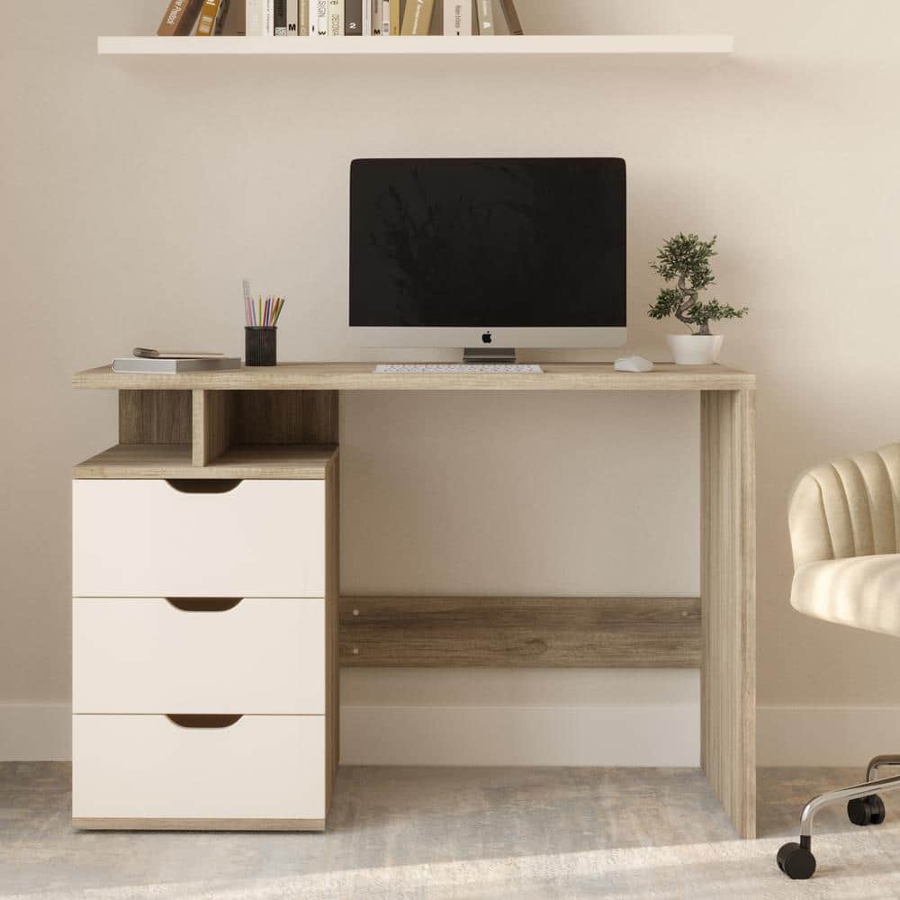 25.1 in. White Computer Desk - Contemporary Desk with Attached 3-Drawer File Cabinet