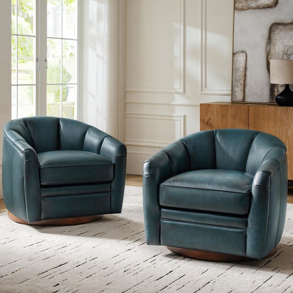 Piana Navy Genuine Leather Accent Chair with Swivel Set of 2