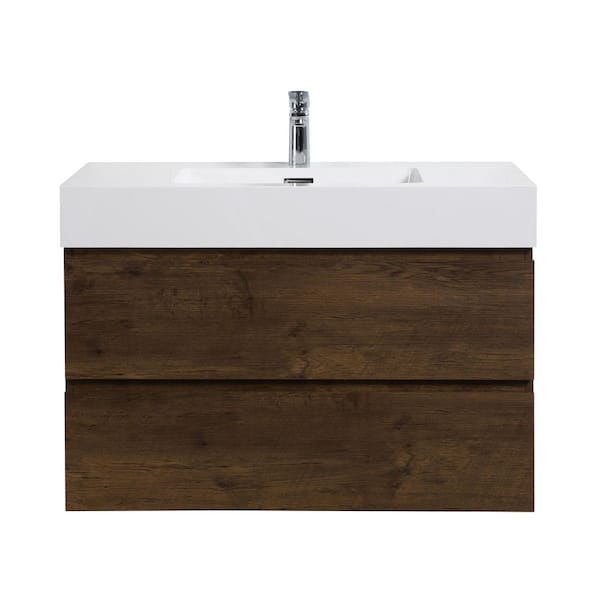 36 in. Single Sink Floating Walnut Bath Vanity with White Ceramic Top (Assembled), Rosewood Elegance