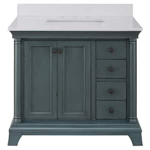 Strousse 37 in. W x 22 in. D Vanity in Distressed Blue Fog with Engineered Stone Top in Ice Diamond with White Sink