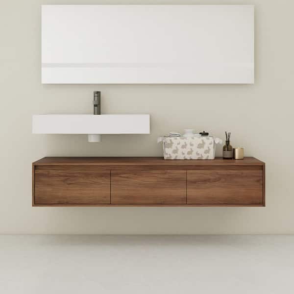59 in. Wall Mounted Brown Bath Vanity with White Resin Top and 3 Drawers Assembled
