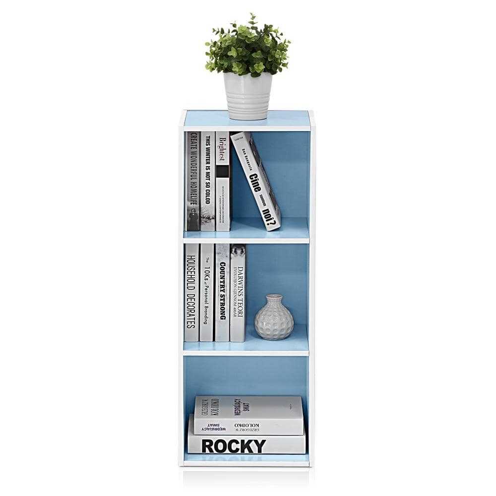 White and Light Blue 3-Tier Particle Board Bookcase