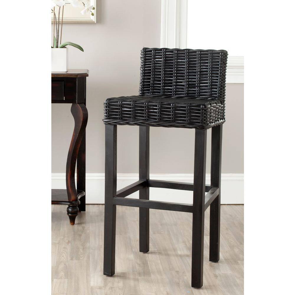 Cypress Black Mango Wood Bar Stool with Rattan Seat