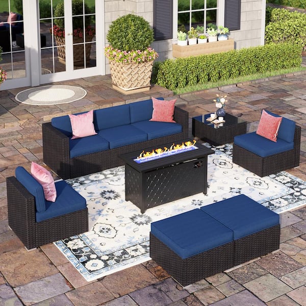 PHI VILLA Dark Brown Rattan Wicker 7 Seat 9-Piece Steel Outdoor Fire Pit Patio Set with Blue Cushions and Rectangular Fire Pit