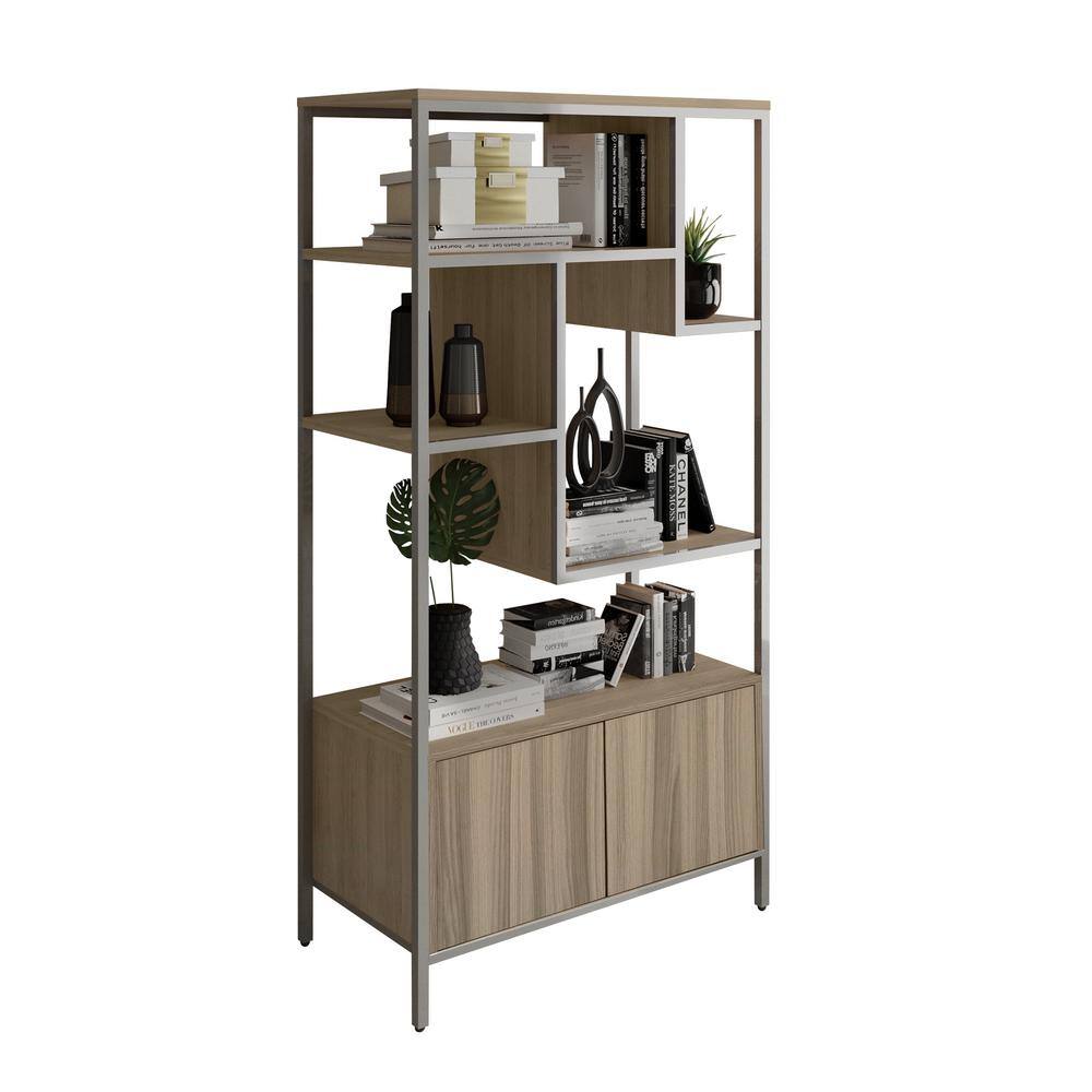 Oak and Silver Adjustable Bookcase with Doors