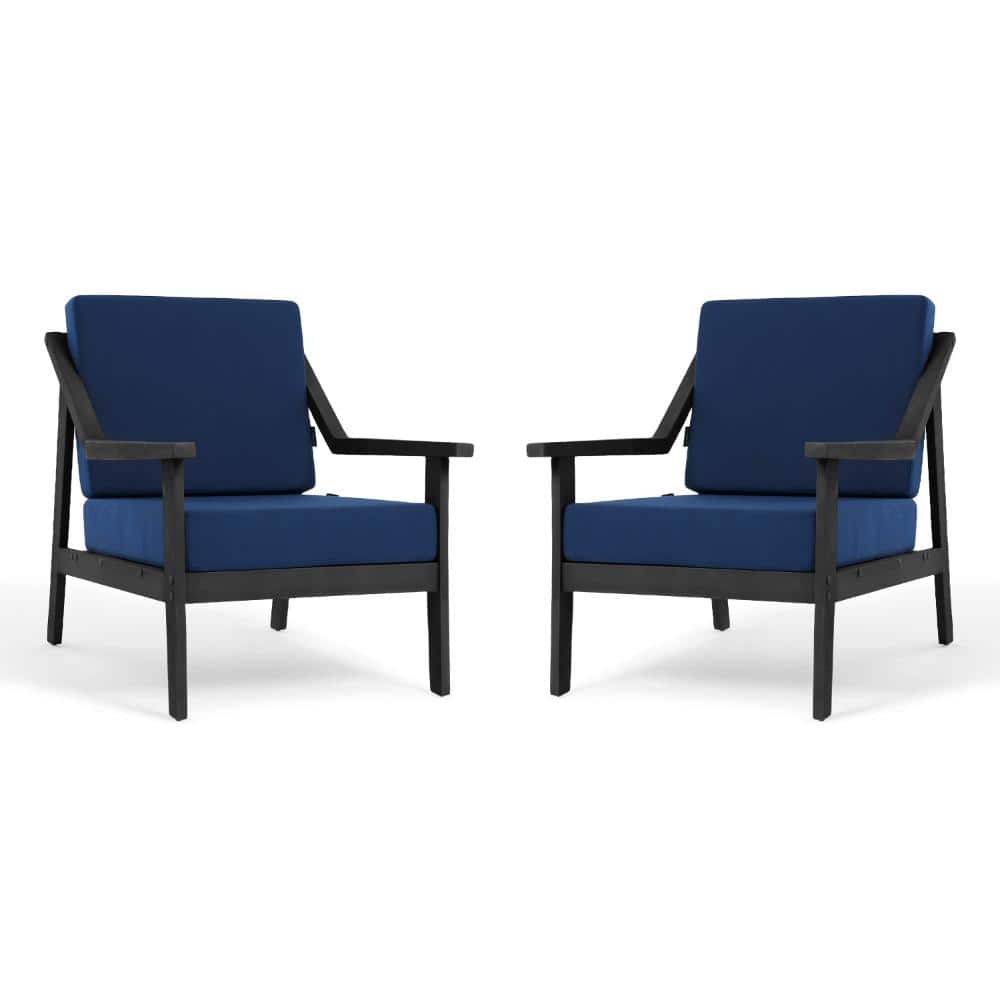 Black Teak Outdoor Lounge Chair Armchair with Navy Cushions （Set of 2） price history on PriceWatchPro