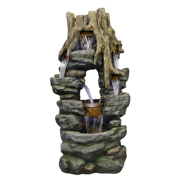 Watnature 47.2 in Resin Outdoor Fountain Hollowed-Out Rainforest Tree Trunk Rockery LED Water Fountain for Garden, Patio, Office