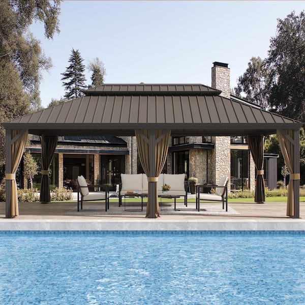 GAZEBEST 14 ft. x 22 ft. Double Galvanized Steel Roof Aluminum Frame Outdoor Patio Hardtop Gazeb with Netting and Curtains