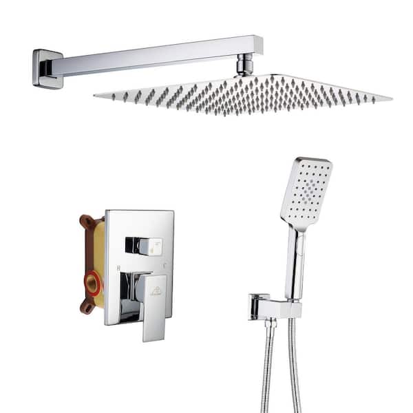 CASAINC 3-Spray Patterns with 2.5 GPM 12 in. 2 Functions Wall Mount Handheld Shower Head in Chrome (Value Included)