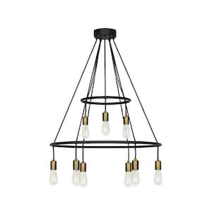 Tae 28 in. W 9-Light Black Modern Industrial Two Tier Chandelier with Aged Brass Socket Cups and Adjustable Black Cords
