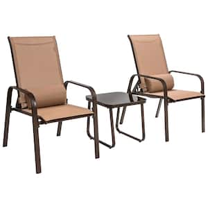 3-Piece Brown Metal Patio Conversation Set Adjustable Back Stackable Chairs Side Table Set Bistro Set for Garden