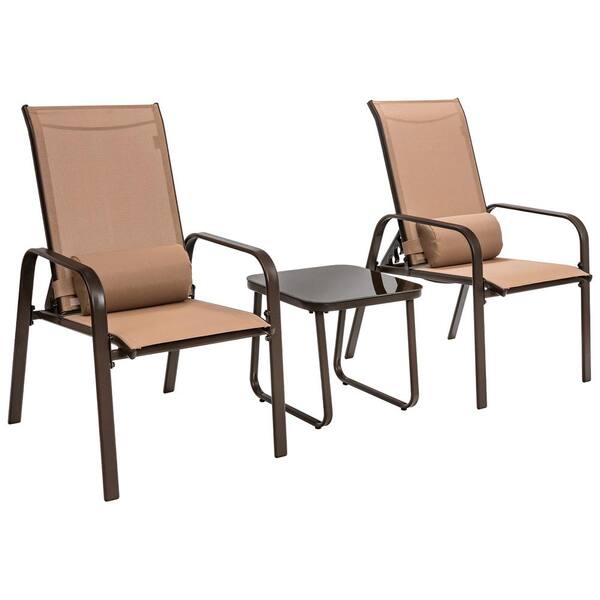 HONEY JOY 3Piece Brown Metal Patio Conversation Set Adjustable Back