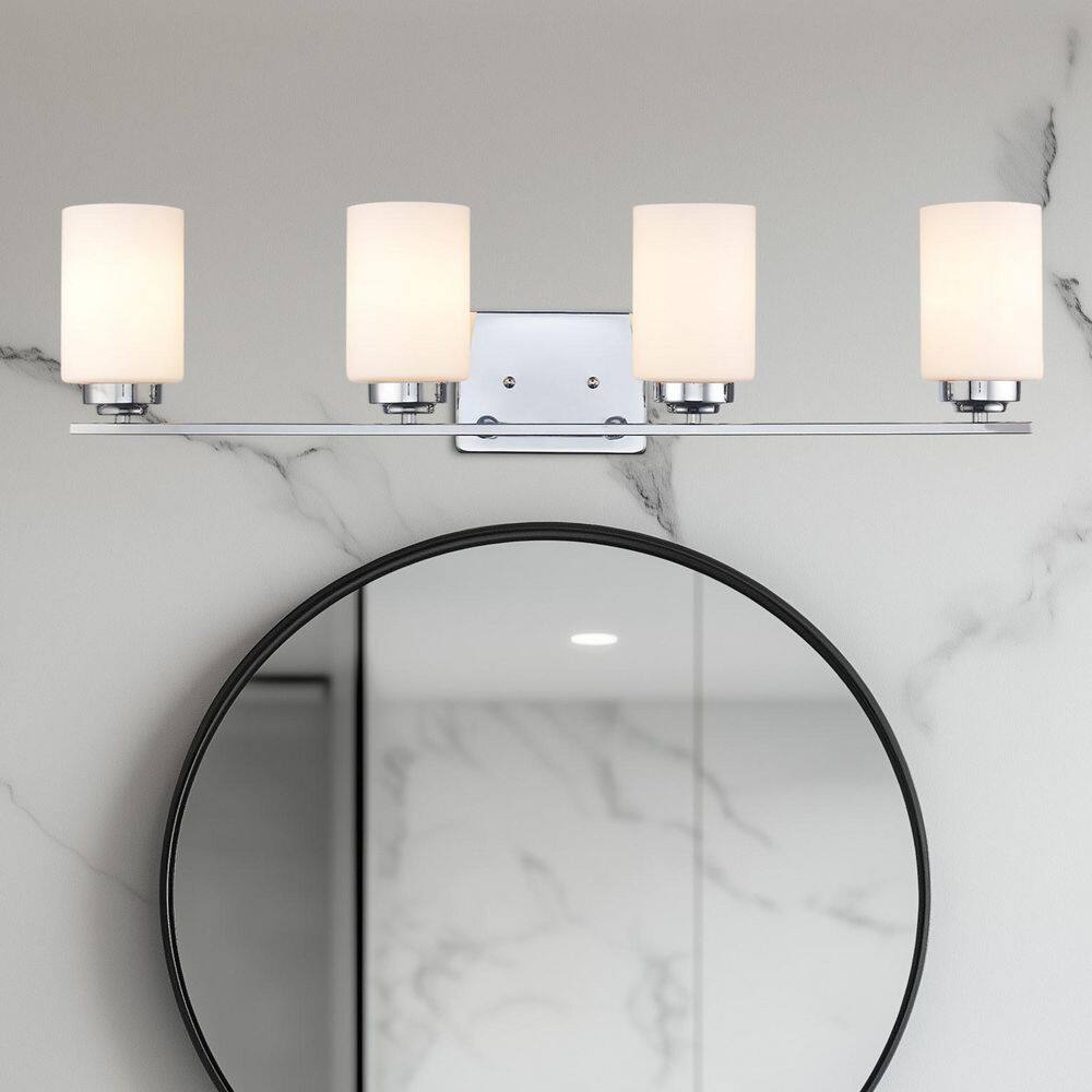 Mod Pod 31.25 in. 4-Light Polished Chrome Bathroom Vanity Light Fixture with Frosted Glass Cylinder Shades price history on PriceWatchPro