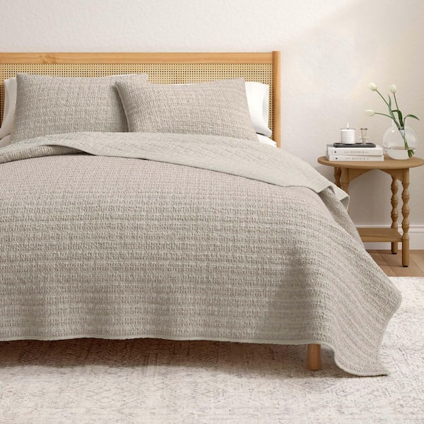 100% Cotton Garment Washed Honeycomb Waffle Quilt and Sham Set, King, Cappuccino