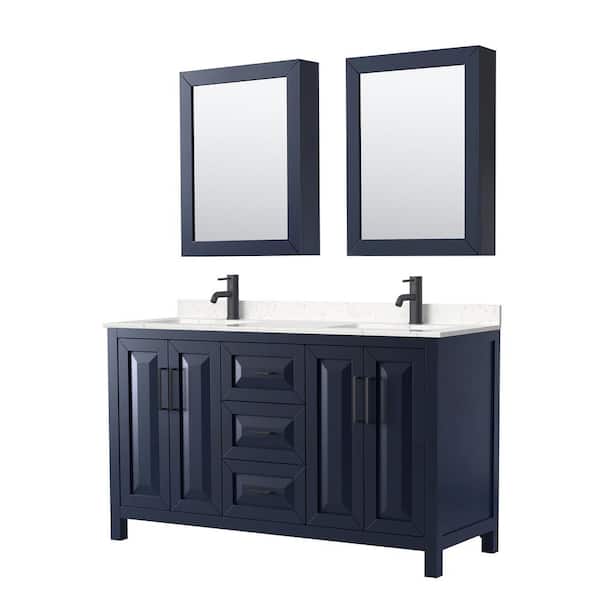 Wyndham Collection Daria 60 in. W x 22 in. D x 35.75 in. H Double Bath Vanity in Dark Blue with Carrara Cultured Marble Top and MC Mirrors