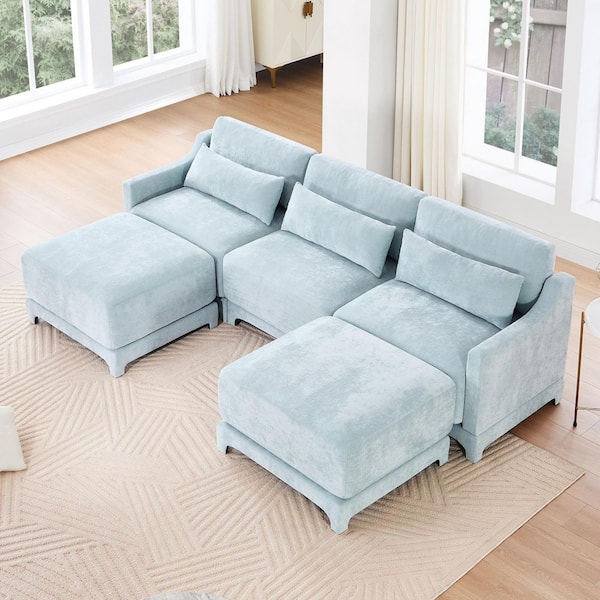 RSMBFL 61 in. Straight Arm 5-Piece Chenille Modular Sectional Sofa w/ Comfort and 3-Seater and 2 Ottomans in Powder Blue