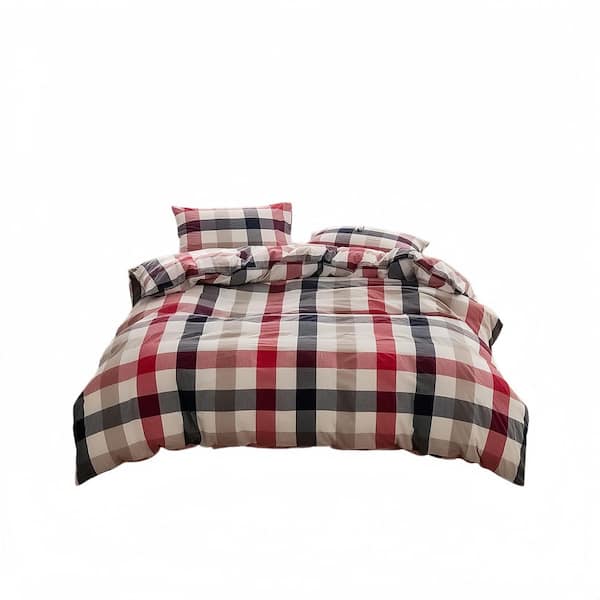 Blue Red Grid 3-Piece Duvet Cover Set ,100% Washed Cotton Duvet Cover Set, Linen-Like Texture, Queen Size