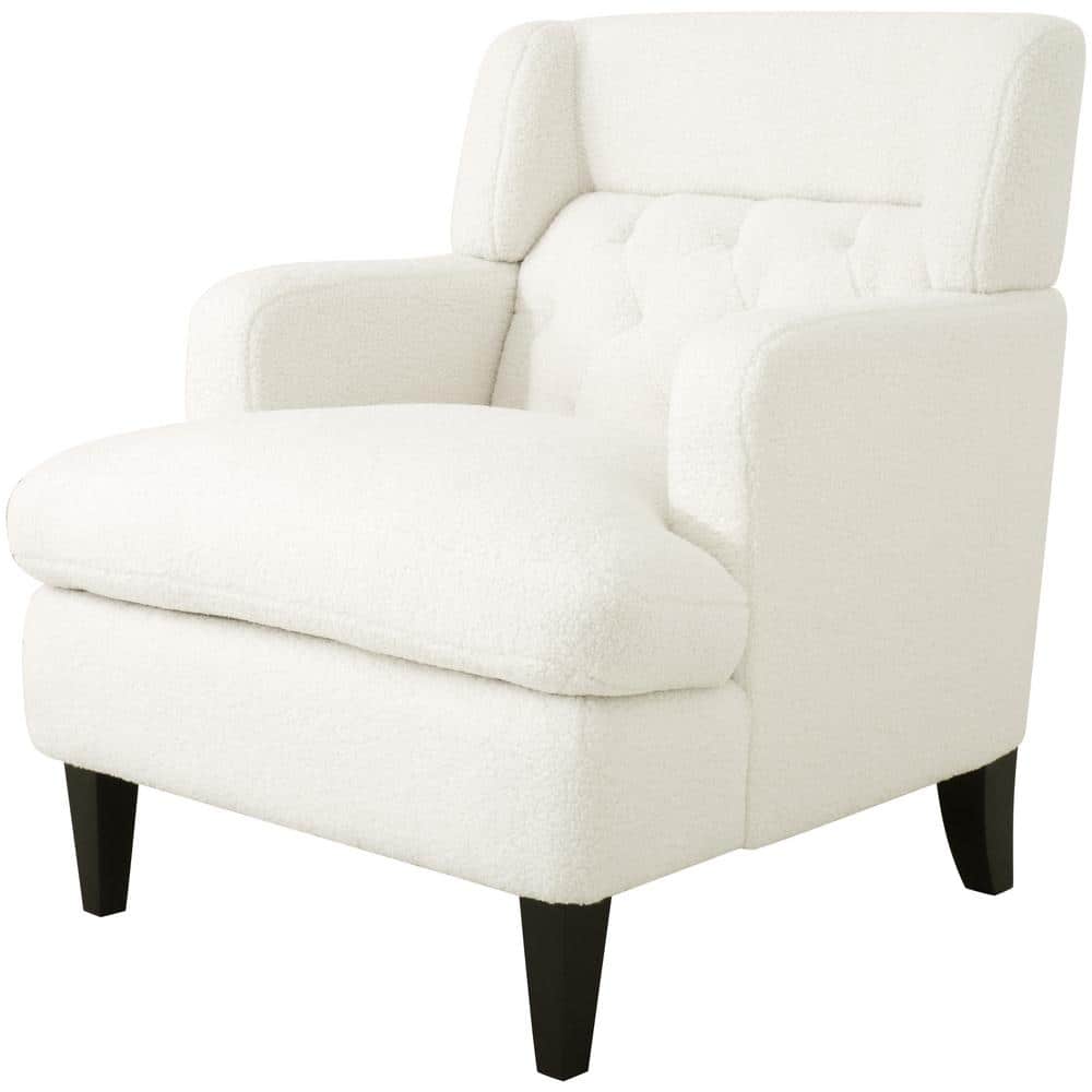 Modern White Teddy Fabric Upholstered Accent Chair with Wood Legs