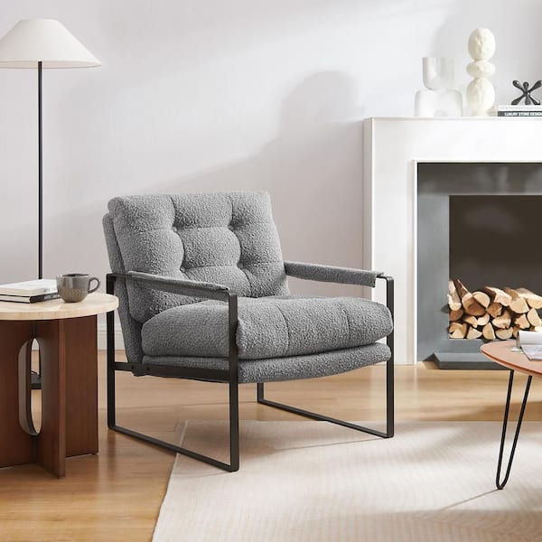 Mid-Century Modern Gray Fabric Arm Chair with Metal Legs