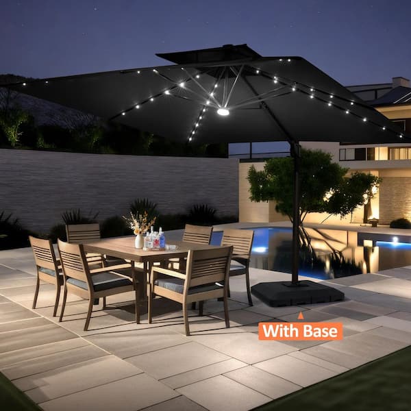 9 ft. x 11 ft. Double Top Solar LED Lighted Outdoor Cantilever 360° Rotation Patio Umbrella in Black and 350 lbs. Base