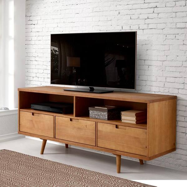 Walker Edison Furniture Company Ivy 58 in. Caramel Wood TV Stand with 3 Drawers Fits TVs Up to 64 in. with Cable Management
