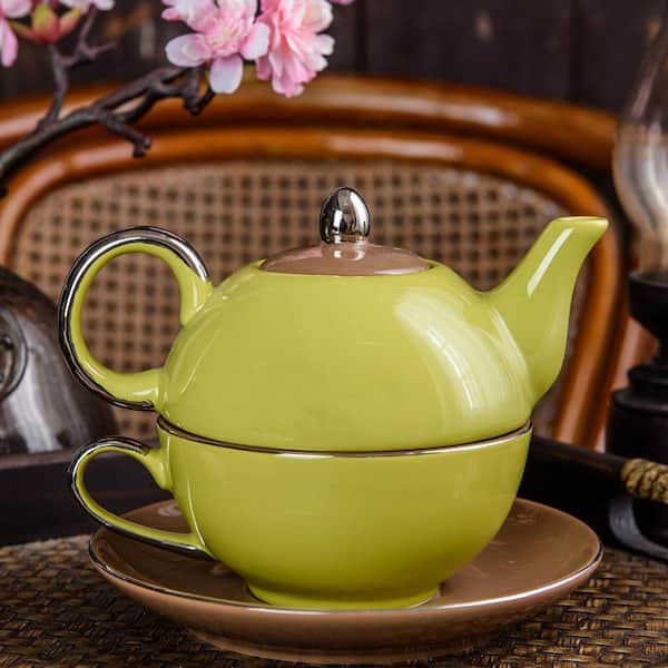 Artvigor 10 oz. Single Serve 1-Piece Orange Porcelain Teapot Teacup and  Saucer Set ART-CC006 - The Home Depot