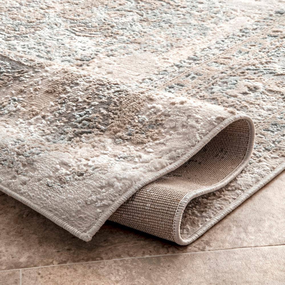 Silver and Beige Oriental Synthetic 4' x 6' Area Rug