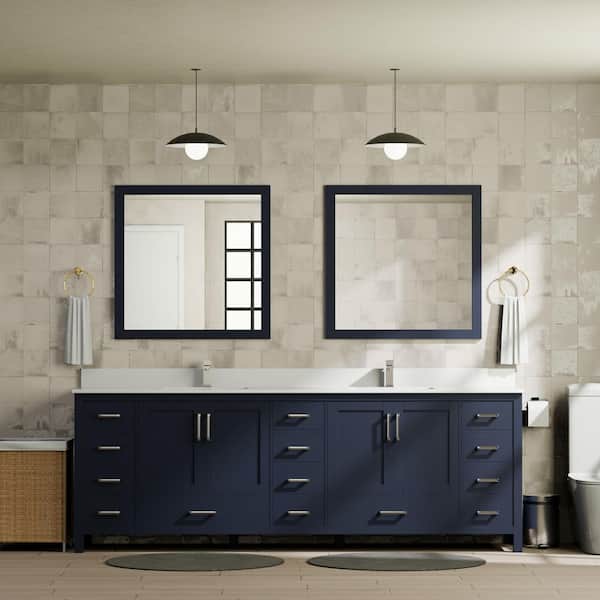 Jacques 84 in. W x 22 in. D Navy Blue Double Freestanding Bath Vanity with White Quartz Top and 34 in. Mirrors
