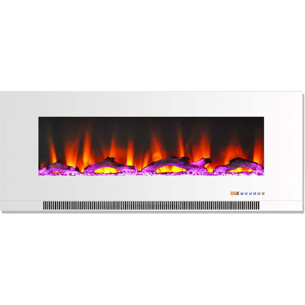 Cambridge 50 in. Wall Mount Electric Fireplace Heater with Remote in Multicolor Flames in and Driftwood Log Display in White