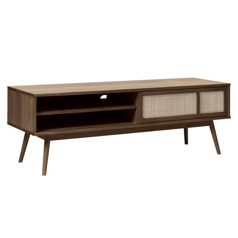 Modern White Oak and Rattan Sliding Door TV Lowboard