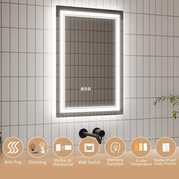 20 in. W x 28 in. H Rectangular Frameless Anti-Fog Wall Dimmable Backlit Dual LED Bathroom Vanity Mirror in Silver