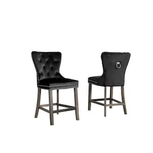 Maya 24 in. H Black Velvet Full Back Counter Height Chair With Wood Legs, Nail Head Trim and Back Ring (Set of 2)