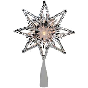 8 in. Retro Silver Tinsel 8-Point Star Christmas Tree Topper - Clear Lights