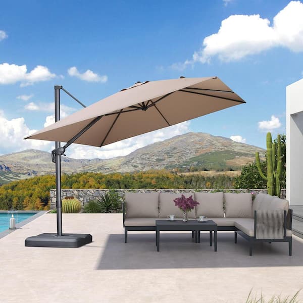 PURPLE LEAF 10 ft. Square Outdoor Patio Cantilever Umbrella Aluminum Offset 360° Rotation Umbrella with Base, Beige