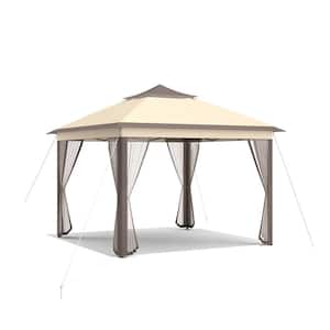 11 ft. x 11 ft. Brown 2-Tier Pop-Up Gazebo Tent Portable Canopy Shelter Carry Bag Mesh