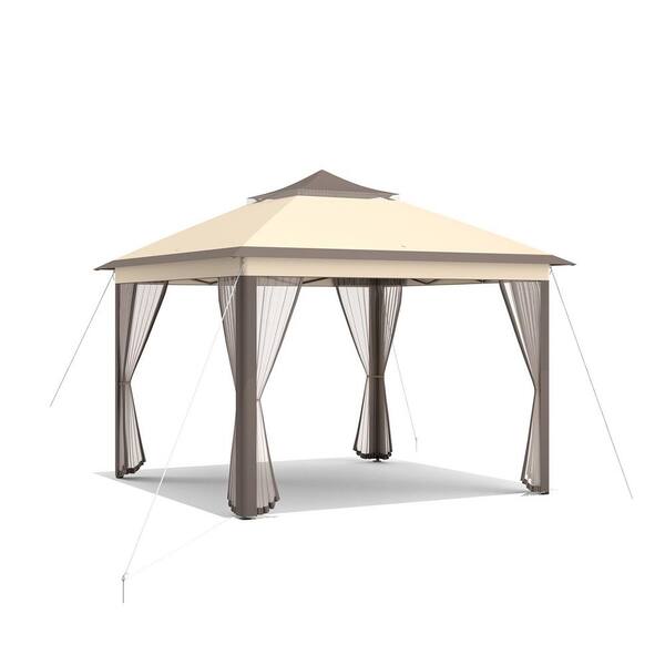 ANGELES HOME 11 ft. x 11 ft. Brown 2-Tier Pop-Up Gazebo Tent Portable Canopy Shelter Carry Bag Mesh