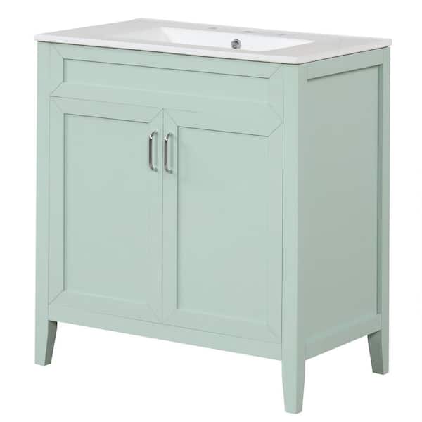 Zeus & Ruta 30 in. W Single Sink Bath Vanity in Green with White Ceramic Top and 2-Multi-functional Drawers with Sildes