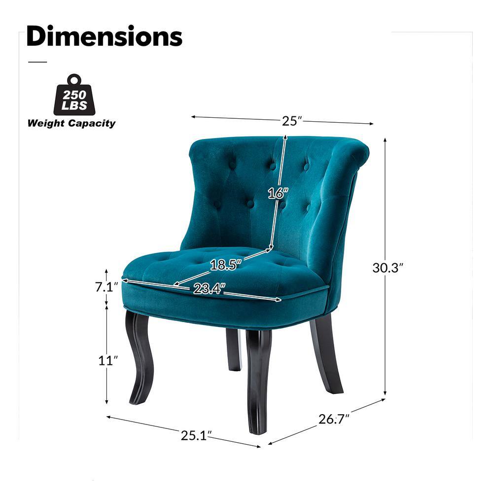 Teal Velvet Button-Tufted Armless Accent Chair with Wooden Legs