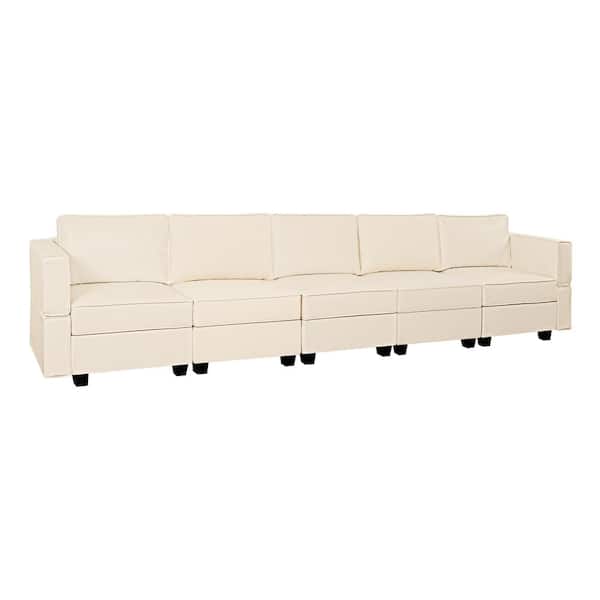 MAYKOOSH 164.38 in. W Faux Leather 13-Seater Contemporary Sectional Sofa with 6 Ottoman for Streamlined Comfort in Beige