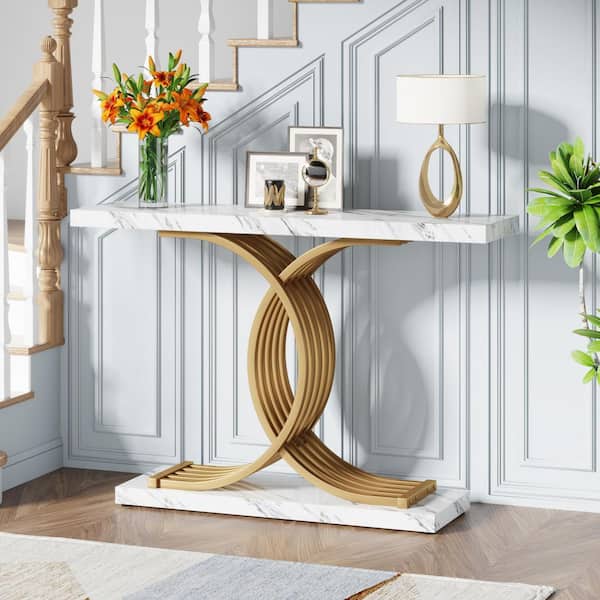 Turrella 39 in White Rectangle Wood Console Table with Geometric Base