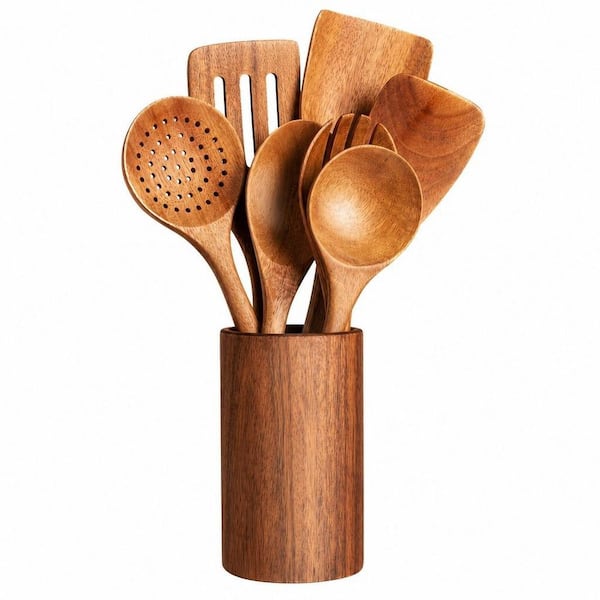 8-Piece Wooden Utensil Set for Cooking with Spoons, Spatulas, Ladles, Strainer Spoon, Fork, Mixing Spoon and Holder
