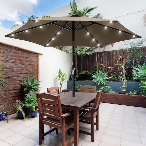 JOYESERY 7.5 ft. Solar LED Patio Umbrellas With Solar Lights and Tilt Button Market Umbrellas, Taupe