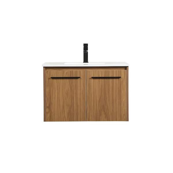 Unbranded Simply Living 30 in. W x 18 in. D x 19.7 in. H Bath Vanity in Walnut Brown with Ivory White Engineered Marble Top