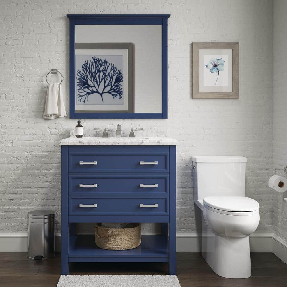 Home Decorators Collection Everett 31 in. W x 22 in. D x 36 in. H Single Sink Freestanding Bath Vanity in Aegean Blue with Carrara Marble Top