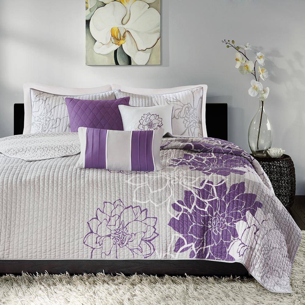 Lola King Gray and Purple Cotton Reversible Quilt Set